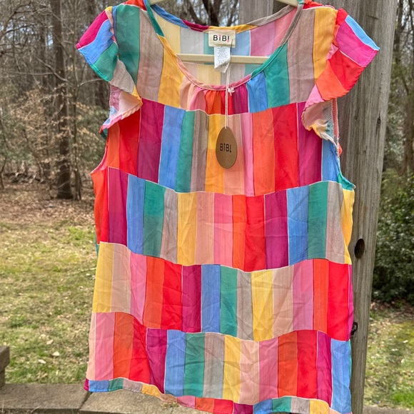 BiBi Tops - BiBi Multicolor Striped Cap-Sleeve Blouse - Pink Red Blue Yellow Green